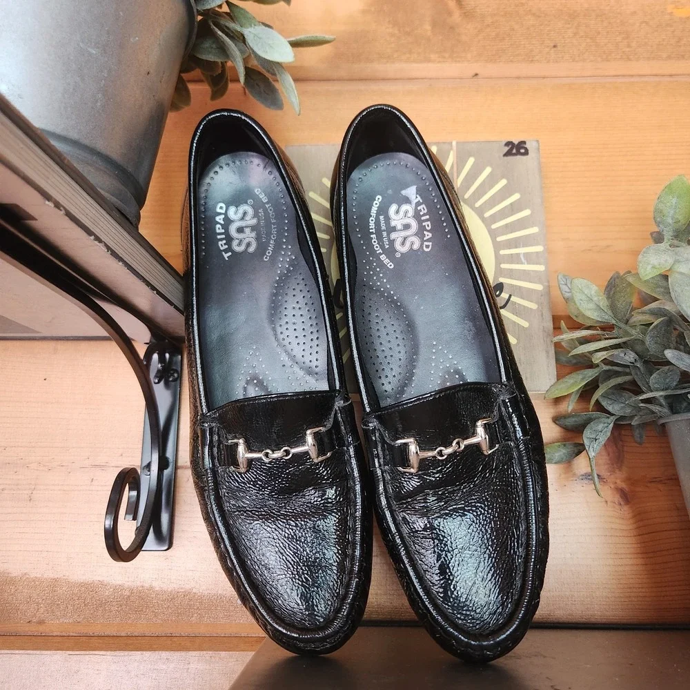 SAS Metro Black Patent Leather Loafers Slip On Moc Pinch Shoe Comfort Horsebit 7
